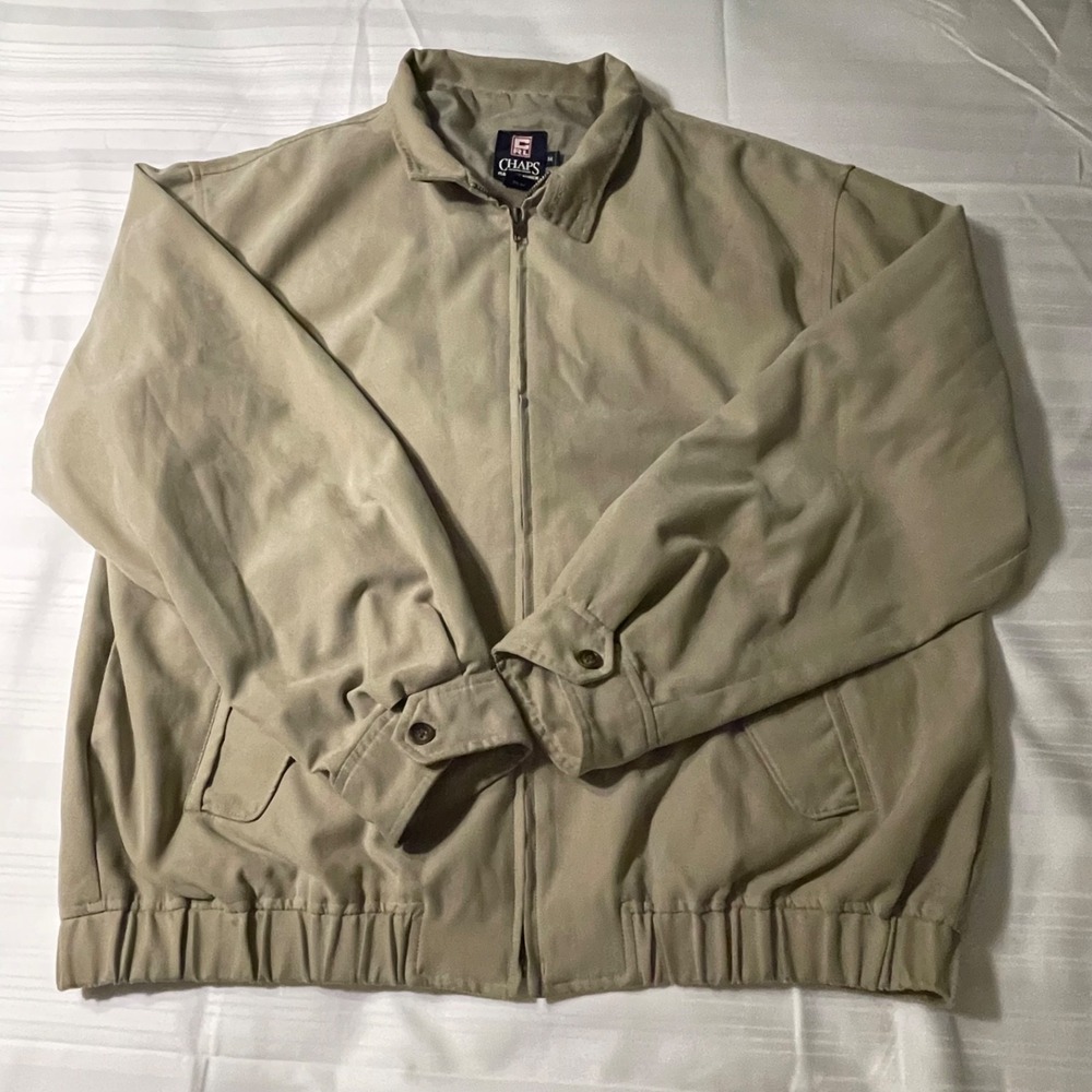 Vintage Chaps Men Harrington Bomber Jacket Tan Beige Full Zip Microfiber Coat M